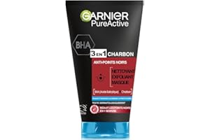 Garnier Pure Active - Nettoyant 3 En 1 - Nettoyant, Exfoliant, Masque - Réduit Les Points Noirs & Prévient Leur Apparition - BHA & Charbon - Vegan & Cruelty Free - Peau Mixtes à Grasses - 150 ml