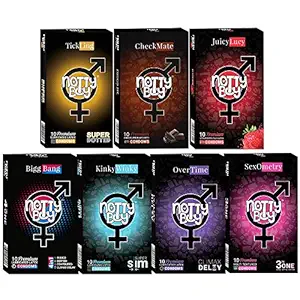 NOTTY BOY Family Pack Condom For Men and Women - Over Time, Ultra Thin, Ribbed, Extra Dotted, Contour, Strawberry and Chocolate Flavoured Condoms - (7x10s)