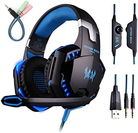 Gaming Headset with Mic for PC,PS4,Xbox One,Over-Ear Headphones with Volume Control LED Light Cool Style Stereo,Noise Reduction for Laptops,Smartphone,Computer (Black & Blue)