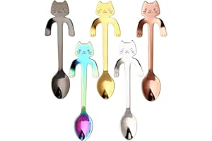 Cutefly Edelstahl-Kaffeelöffel, 5-teiliger Katzen-Teelöffel, Mini-Kätzchen-Design-Rührlöffel für Wasser, Tee, Milch, Kaffee, Suppe, Zucker, Dessert, Vorspeise, Gewürz, Getränk, Milchshake (5 Farben)
