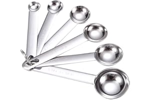DULSPUE cuchara medidora gramos - Juego 6 Piezas Plata Espejo Redondo de Acero Inoxidable Pulido 1/8 TSP, 1/4 TSP, 1/2 TSP, 1 TSP, 1/2 TBLS y 1 TBLS Cucharas de medida para hornear