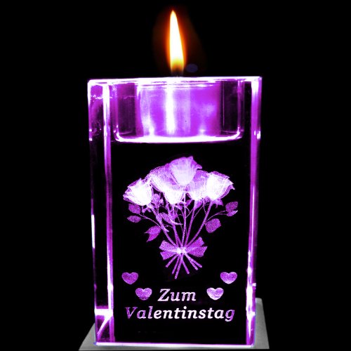 Kaltner Präsente Stimmungslicht – Das perfekte Geschenk: LED Kerze / Kristall Glasblock / 3D-Laser-Gravur Teelichthalter Blumen ZUM VALENTINSTAG - 6