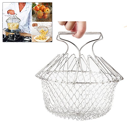 nhsunray New faltbar Edelstahl Dampf Spülen Zugentlastung Fry Kochen Chef Basket Mesh Net Sieb Sieb Küche Werkzeug waschbar Spülmaschinenfest - 2