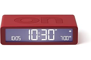 Lexon Flip Classic Digitaler Wecker mit umkehrbaren EIN/Aus-Seiten, wiederaufladbare Nachttischuhr mit LCD-Display, Berührungssensor für Schlummer- und Lichtfunktion – Rot