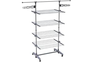 vounot Séchoir à Linge Tour 4 Niveaux Ailes Pliables en Acier Inoxydable avec 6 Roues Grande Capacité Ultra Stable Étendoir à Linge 27 Mètres d’Étendage pour Usage Intérieur/Extérieur