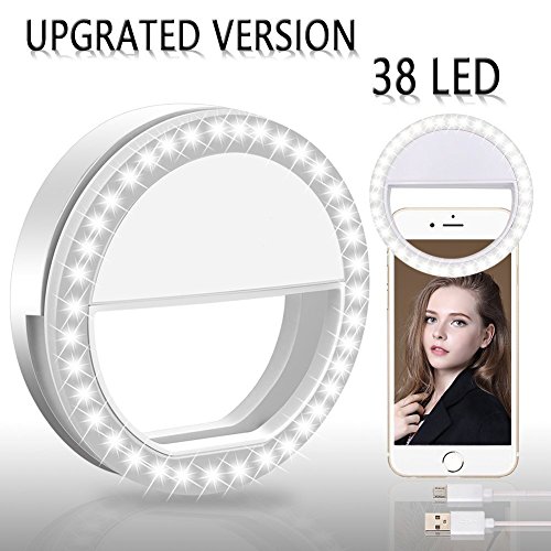 BMK Selfie Anillo de luz Clip Recargable 38 Bombillas LED Ajustable Selfie Iluminación portátil para iPhone, Tablet, iPad, portátil, cámara