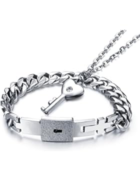 Damen Herren Paar Armband Halskette Schmuck Set, Exquisit Edelstahl Kreuz Panzerarmband Panzerkette, Schlüssel...