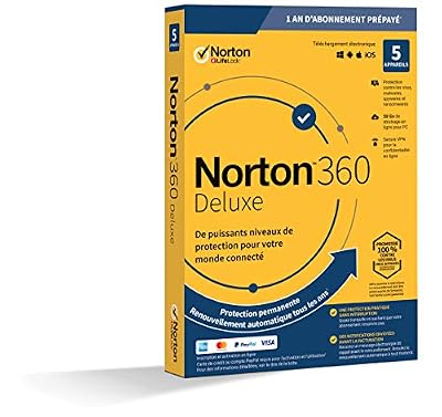 NortonLifeLock Norton 360 Deluxe 2020 - 5 Appareils - 1 An - Secure VPN et Password Manager - PC/Mac/iOS/Android - Téléchargement
