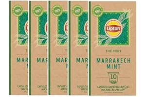 Lipton Thé Vert Marrakech Mint, 50 Capsules Compatibles Nespresso, Antioxydant et Parfumé, Menthe Fraîche et Délicate, Label Rainforest Alliance, 5x10 Capsules