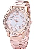 FEITONG Damenuhr Luxus Uhr Künstlich Kristallrhinestone Edelstahl Band Analoge Quarz Armbanduhr Rose Gold