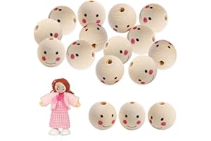NOKDAL 50 Pz Perline Legno Naturale 20mm Palline Legno per Lavoretti con Facce Faccine di Legno Dipinte Teste Legno per Angeli Testa di Bambola Perline di Legno Rotonde Faccine per Bambole Fai Da Te
