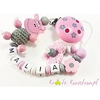 Schnullerkette mit Namen für Mädchen mit Nilpferd / Hippo, Häkelblume und Blume - rosa, weiß, grau