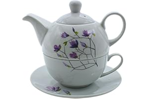DEKOHELDEN24 Tetera de porcelana, juego de té para uno, tetera para té, tetera con tetera, juego de tetera de flores con taza de té de porcelana en flores blancas y moradas, 15 x 15 x 16 cm.