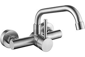 Tondiy Rubinetto Cucina da Parete, Miscelatore a Muro Girevole a 360°, Rubinetti Monocomando Lavello Acciaio Inox 304, Aeratore Rimovibile, Acqua Calda e Fredda, Spazzolato