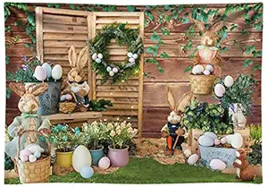 Funnytree 7x5FT Fabric Spring Happy Easter Backdrops for Photography Bunny Rabbit Grass Rustic Wood Background Baby Shower Party Supplies Decor Banner Portrait Studio Photoshoot Prop Photobooth Gift