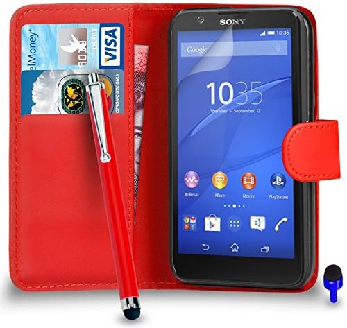 Sony Xperia E4 - Premium Leather RED Wallet Flip Case Cover Pouch with Big Touch Stylus Pen BLUE Dust Stopper Screen Protector &amp; Polishing Cloth, (WALLET RED)