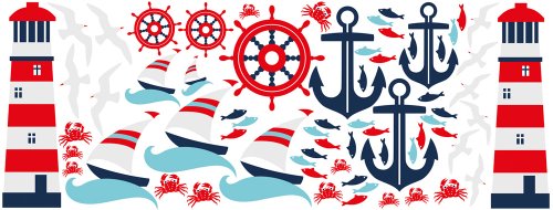 Graz Design 771035_150x57 Wandsticker Set Badezimmer Maritim Leuchtturm Anker Schiffe Steuerrad Fische