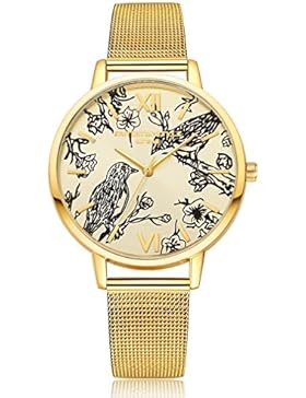 Souarts Damen Armbanduhr Einfach Mesh Metallarmband Vogel Muster Casual Analoge Quarz Uhr Gold Farbe