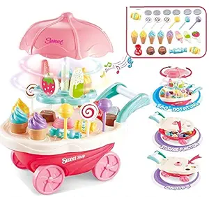 Galaxy Hi-Tech Luxury Sweet Shopping Battery Operated Plastic Ice Cream Trolley Pretend Role Play Educational Toy Set with 360? Rotation, LED, Music for Kids (Multicolour) - Pack of 30 Pcs