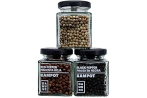 DAMUNE Pimienta Kampot Premium en grano: Negra (60g), Blanca (60g) y Roja (60g)