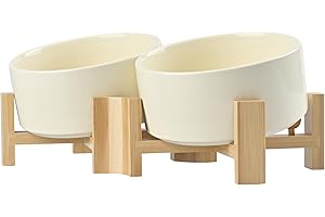 SPUNKYJUNKY Inclinaison 15° Gamelle en Céramique pour Chiens Double Bol avec Support en Bambou Plate ou Inclinée Idéale pour Chiens et Chats à Faces Plates Petits et Moyens 850ml