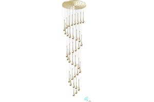MINIFAIR LáMpara De ArañA De Cristal Con Forma De Gota De Lluvia En Espiral Dorada,LáMpara Colgante De Escalera Led Regulable Moderna,Lamparas Techo Colgantes De 36 Luces Para La Villa,Escaleras,VestíBulos