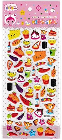 Happy Food &amp; Cute Bears Stickers x1 Sheet (19.5 x 9.5 cm) (Raised / '3D') Includes Slices of Cake, Pizza, Drinks, Chillis, French Fries, Aubergines, Cute Bears, etc.