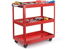 DENNY INTERNATIONAL Denny 3-Tier Tool Trolley on Wheels – Lockable Rolling Tool Storage Cart with Handle, Heavy-Duty Garage & Workshop Organizer for DIY and Service Tools (RED)