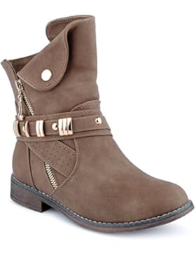 Damen Stiefeletten Stiefel Schnalle Reißverschluss Blockabsatz Schlupf Biker Boots Schuhe