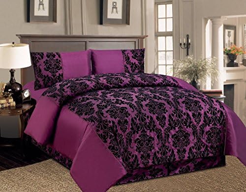 4 Piece Purple Damask Polyester Taffeta With Microfiber Black Flock Quilt Duvet Cover Bedroom Set (King Bed Size, Kelly Purple) Inc Valance Sheet, Duvet Cover, 2 Pillow Shams