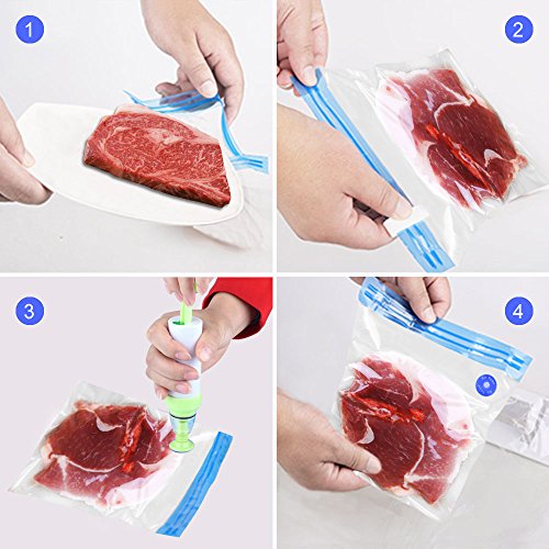 Sous Vide Beutel Quimat Vakuum Nahrungsversiegeler 1 Handpumpe 5 BPA-freie Sous Vide Beutel 2 Beutel Clips Kit hält Nahrung länger frisch, wiederverwendbar, praktisch, einfach zu verwenden - 4