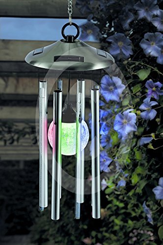 LED Solar Windspiel Edelstahl Echtglas XL mit Kristall Kugel in der Mitte mit LED Beleuchtung - Komi aus Windspiel beleuchtet und Klangspiel - Premium Qualität