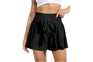 ABINGOO Shorts en Lin Été Femme Taille Haute Shorts Ourlet à Volants Taille Élastique Plissé Shorts de Plage Amples Fluide