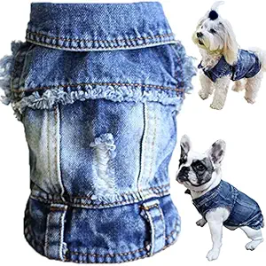 Brocarp Dog Jean Jacket, Blue Denim Lapel Vest Coat T-Shirt Costume Cute Girl Boy Dog Puppy Clothes, Comfort and Cool Apparel, for Small Medium Dogs Cats, Machine Washable Dog Outfits (XXL, Blue)