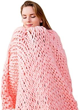 ACARPO Knit Blanket Handwoven Chunky Bed Sofa Wool Yarn Knitting Throw Home Decor Pink 60,60