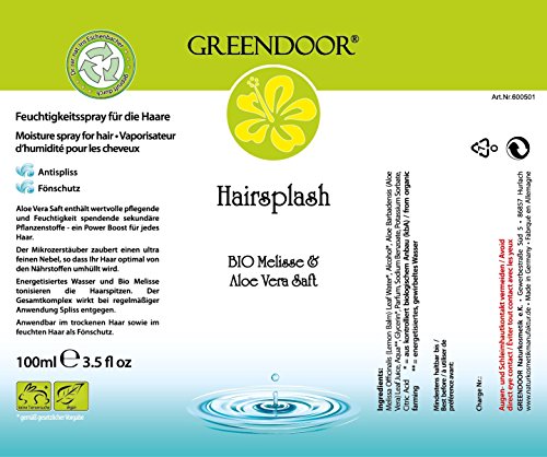 Greendoor Hairsplash, Feuchtigkeitsspray für Haare mit Bio Melisse und Aloe Vera, Föhnschutz, 100ml, vegan, ohne Silikon = silikonfrei, natürlich ohne Tierversuche, aus der Naturkosmetik Manufaktur, natürlicher Hydro Spray Haar Conditioner - 2