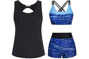 JASAMBAC Tankini Maillot De Bain Femme 3 PièCes pour Femme Imprimé Floral ContrôLe du Ventre Bikinis AthléTique Maillot De Bain Modeste Shorty
