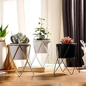 Weston Crafts Metal Planter Stand Set of 3 Modern Metal Tall Plant Stand, Removable Flower Pot, Plant Stand, for Living Room, Indoor and Outdoor Siege Stand H 9 inch Pot 6x4 inch