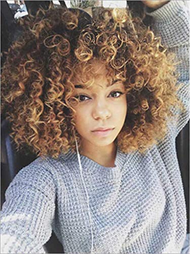 Trend Pelucas sueltas y rizadas para mujer, pelucas de degradado rubio degradado con flequillo resistente al calor, peluca sintética con gorra de pelo libre (14 pulgadas)