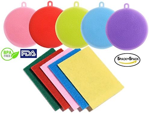 Fruit Vegetable Cleaner Food Grade Silicone Dish Scrubbers Antibacterial Brushes Multi-purpose Cleaning Brushes Kitchen Sponges for Washing Glass Bottle Pot Pan 10 Pack (Round shape 10 pcs multi-color)
