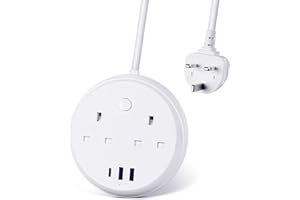 Travel Extension Lead by KOOSLA, Extension Lead with USB Slots, Power Strips with 2 Way Outlets & 3 USB（1 Type C), 1.5M Multi Power Plug Extension for Cruise Ship, Travel, Home and Office, White