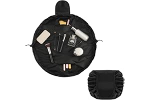 URAQT Lay Flat Drawstring Makeup Bag, Large-Capacity Travel Cosmetic Pouch, Portable Quick Pack Lazy Drawstring Make Up Bag for Daily Use, Magic Cosmetic Bag with Small Pocket for Women, Black