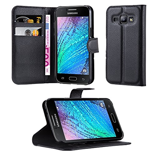 Cadorabo - Book Style Hülle für Samsung Galaxy J1 – 5 (Modell 2015) - Case Cover Schutzhülle Etui Tasche mit Standfunktion und Kartenfach in PHANTOM-SCHWARZ