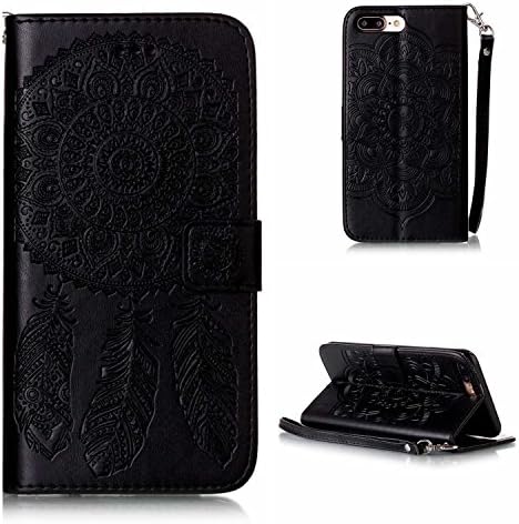 CUSKING iPhone 7 Plus iPhone 8 Plus Case, Flip Folio Notebook Style Wallet Leather Case Embossed Dream Catcher and Flower Pattern Protective Bumper Case Back Cover with Card Holder for Apple iPhone 7 Plus / 8 Plus - Black