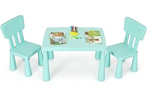 COSTWAY Set Tavolo e Sedie per Bambini 1-7 Anni, 2 Sedie Ergonomiche con Schienale, Materiale PP Atossico e Inodore, Angoli Arrotondati, Adatto per Giocare, Disegnare e Leggere, Portata 50kg (Verde)