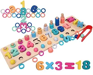 Toyshine 3 in 1 Kids Wooden Number Puzzle Sorting Learning Toys - Math Stacking Blocks and Shape Sorter Game - Preschool Education Montessori Toys for 3-5 Year Toddlers