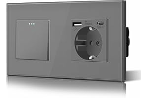 BSEED Bouton poussoir Rocker tactile 1 compartiment 1 voie interrupteur en verre et prise 3 en 1 avec charge USB 2,1 A adaptateur C