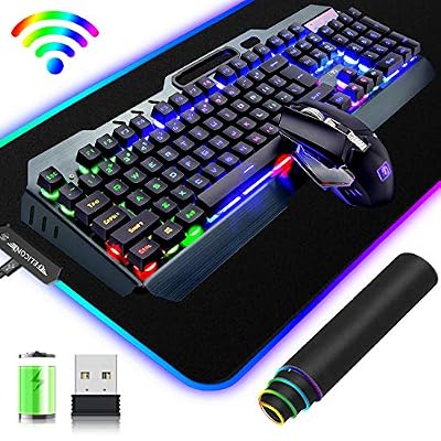 Hoopond Ensemble Clavier souris gamer sans Fil 2,4G，2400mAh rechargeables，avec arc-en-ciel rétro-éclairéLED +Souris respiratoire rétroéclairée 7 couleurs +Tapis de souris de jeu RVB grand pour PC, Ordinateur