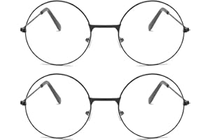 LOMYLM 2 Pairs Round Circle Glasses with Black Metal Frames Clear Lens, Retro Fancy Dress Wizard Glasses 60s 70s Festival Cosplay Costume Accessories for Teenagers Adults