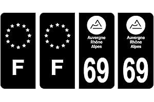 HADEXIA Lot 4 Autocollants Plaque immatriculation département 69 Rhône Région Auvergne-Rhône-Alpes Noir & F France Europe